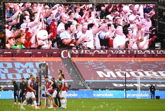 Fans are displayed on the as West Ham's London Stadium 