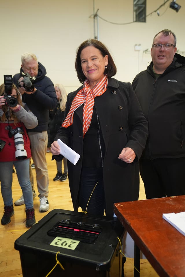 Sinn Fein leader Mary Lou McDonald casts her vote at the Deaf Village in Dublin