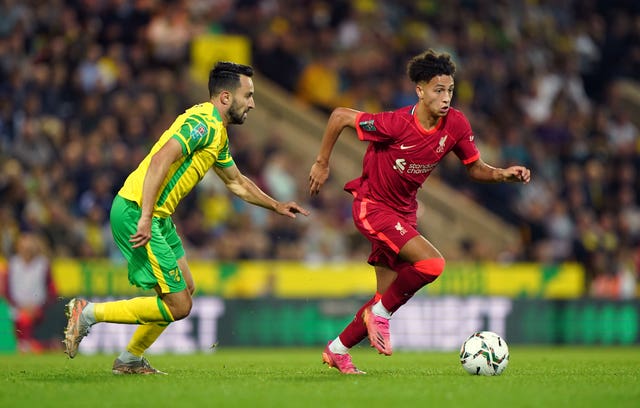 Liverpool’s Kaide Gordon, 16, in action at Carrow Road