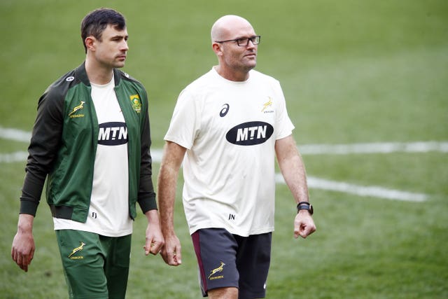 South Africa head coach Jacques Nienaber, right, has one eye on next year's World Cup in France