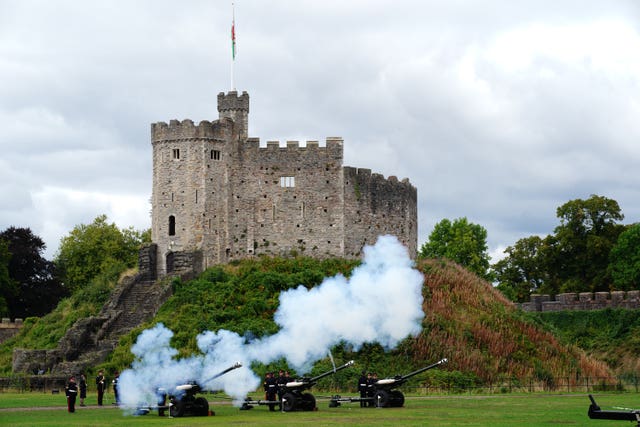 A 21-gun salute at Cardiff Castle, to mark the Proclamation of Accession of the King