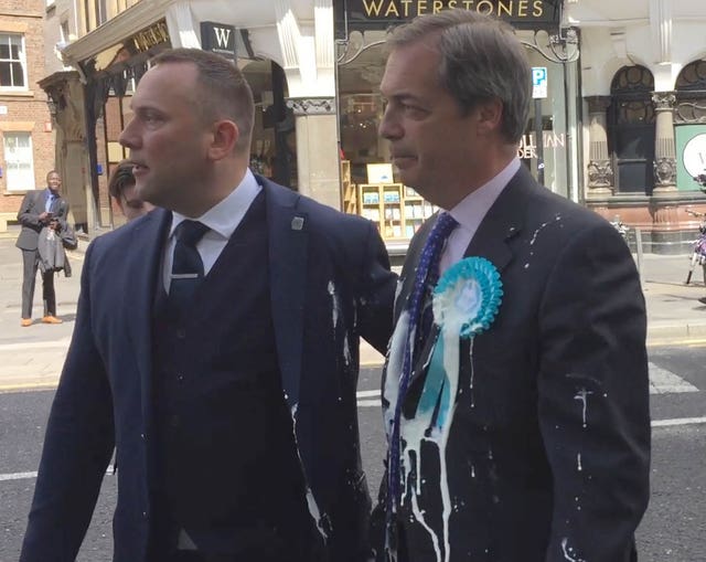 Nigel Farage after he was doused in milkshake