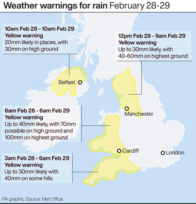 Weather warnings for rain February 28-29