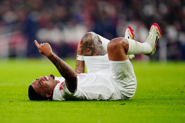 Arsenal’s Gabriel Jesus goes down injured during the FA Cup third round match against Manchester United