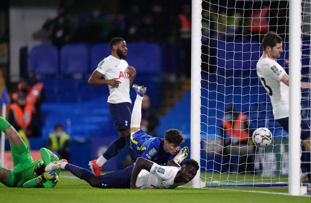 Kai Havertz, centre, scores Chelsea’s first goal in their Carabao Cup win over Tottenham