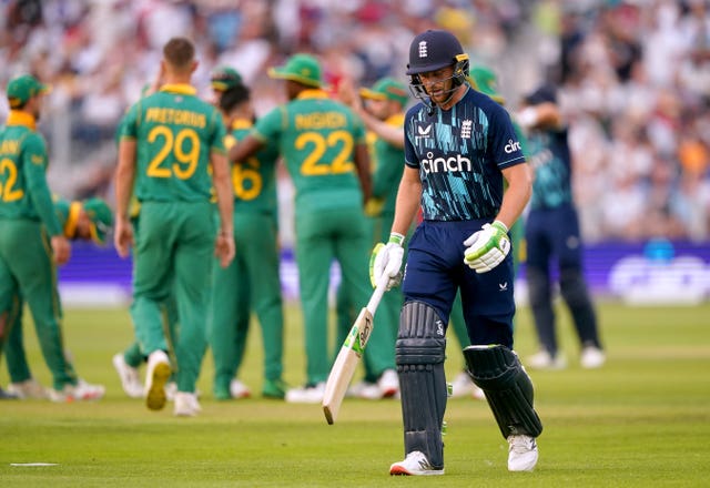 Jos Buttler leaves the pitch after being dismissed against South Africa