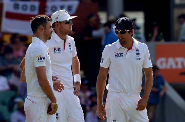 James Anderson (left),  Stuart Broad (centre) and Alastair Cook in action for England