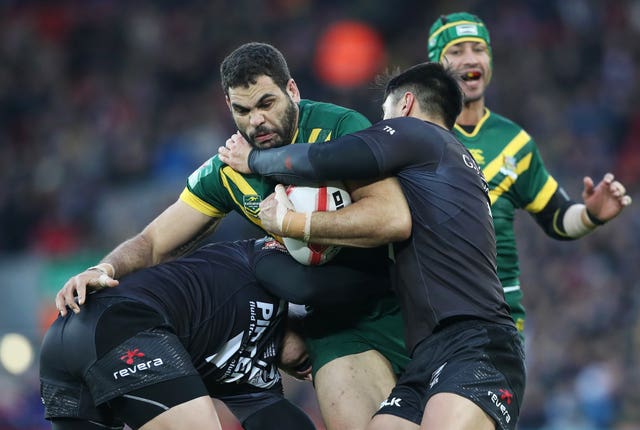 Greg Inglis, centre, has not made a rugby league appearance in two years (Martin Rickett/PA)