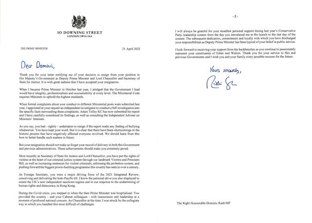 The letter by Rishi Sunak to Dominic Raab