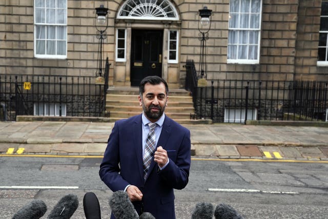 Newly elected First Minister of Scotland Humza Yousaf speaks to the media outside Bute House, Edinburgh, after holding his first Cabinet meeting 