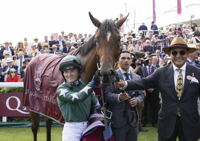 Nashwa, jockey Hollie Doyle and owner Imad Al Sagar after winning the Qatar Nassau Stakes at Goodwood