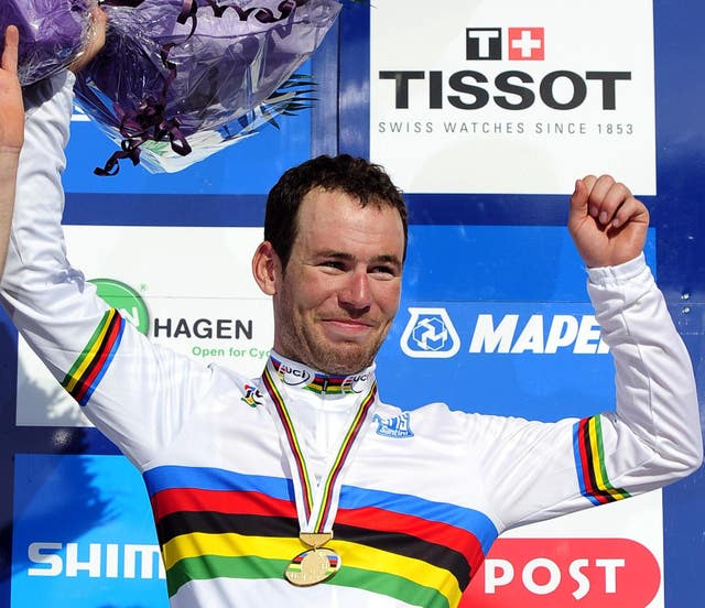 Mark Cavendish wears his rainbow jersey and medal after winning the Men’s Road Race at the 2011 UCI Road Race World Championships in Copenhagen