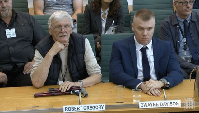 Former Jeremy Kyle Show participants Robert Gregory and Dwayne Davison previously giving evidence to the Digital, Culture, Media and Sport Select Committee in the House of Commons