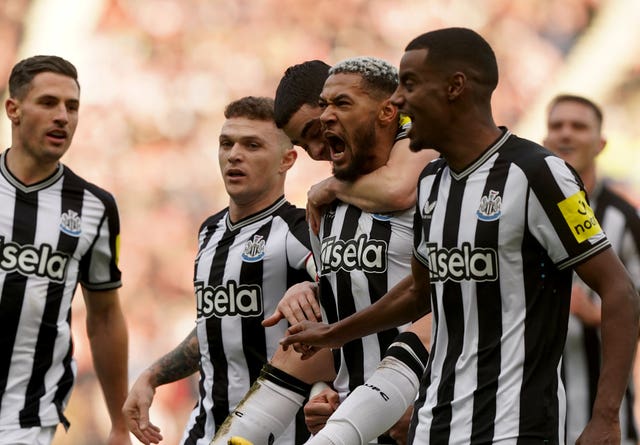 Newcastle’s Joelinton (second right) celebrates the opening goal at the Stadium of Light with his team-mates