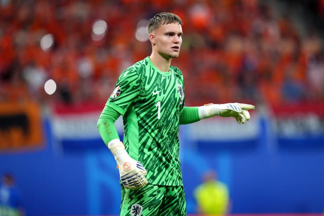 Netherlands goalkeeper Bart Verbruggen points with his finger during the Euro 2024 Group D match against France