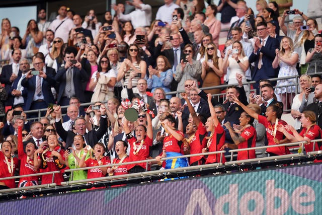 Manchester United players celebrate winning the 2024 Women’s FA Cup final
