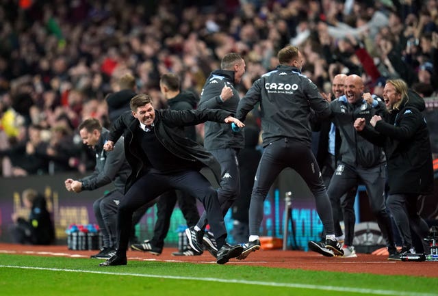 Steven Gerrard celebrates Ollie Watkins’ opening goal against Brighton, that helped him to a first win in charge of Aston Villa. Gerrard had left Rangers to take over from Dean Smith at Villa Park 