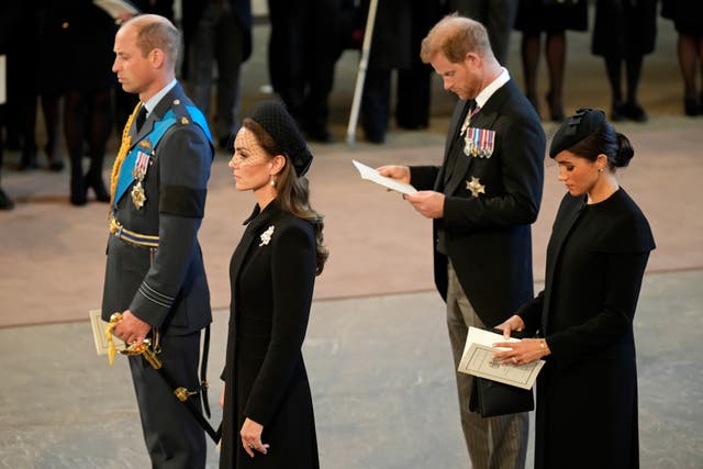 The Prince and Princess of Wales and the Duke and Duchess of Sussex at the late Queen's lying in state in 2022 
