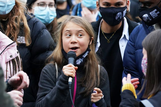 Greta Thunberg alongside fellow climate activists during a demonstration at Festival Park, Glasgow, on the first day of the Cop26 summit