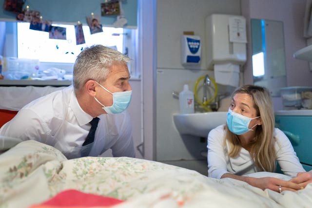 Health Secretary Steve Barclay meets Sarah Pinnington-Auld and her three-year old daughter Lucy, who is suffering from cystic fibrosis, during a visit to King’s College University Hospital in London