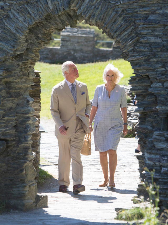 The Prince of Wales and the Duchess of Cornwall during a visit to Tintagel Castle while on a three day visit to Cornwall 