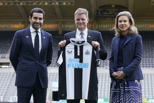 Newcastle co-owner Amanda Staveley and husband Mehrdad Ghodoussi (left) with Eddie Howe following his appointment as head coach