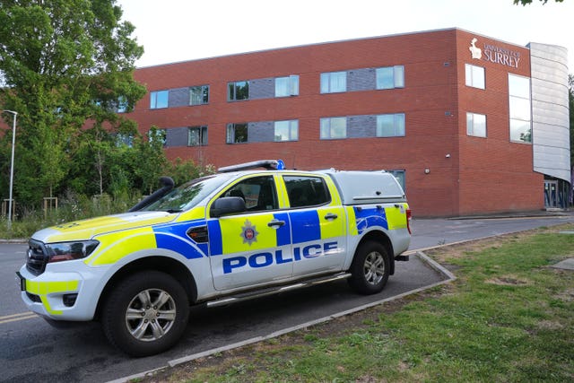 A police car at the University of Surrey&rsquo;s Manor Park Student Village on Thursday