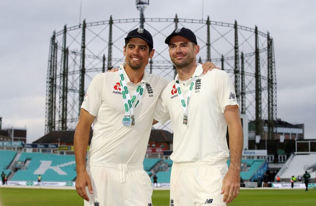 James Anderson embraces Sir Alastair Cook, left, after the former England captain's 161st and final Test