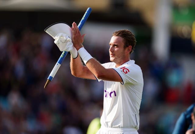Stuart Broad acknowledges the crowd as he walks off the pitch for the last time