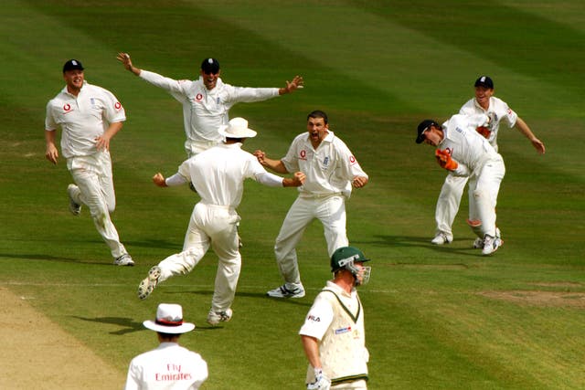 England celebrate the classic 2005 Ashes win at Edgbaston.