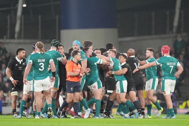 Ireland and New Zealand players come to blows