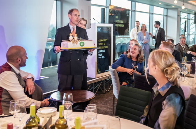 The Duke of Edinburgh with a cake ahead of his 60th birthday during the Community Sport and Recreation Awards 2024 at Headingley Stadium in Leeds 