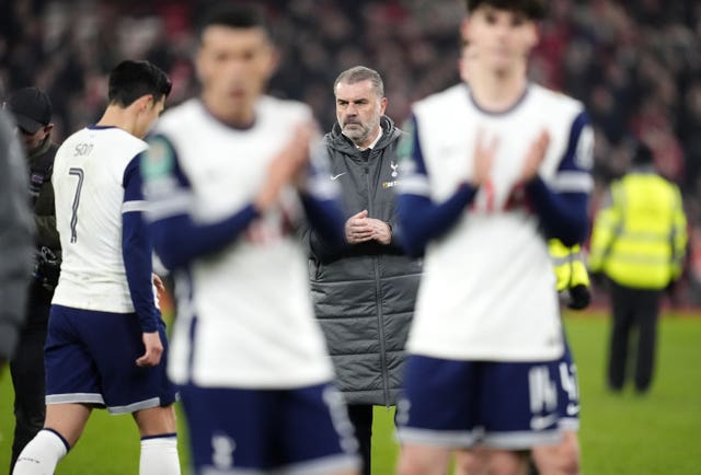 Tottenham Hotspur manager Ange Postecoglou (centre) applauds the fans after the final whistle