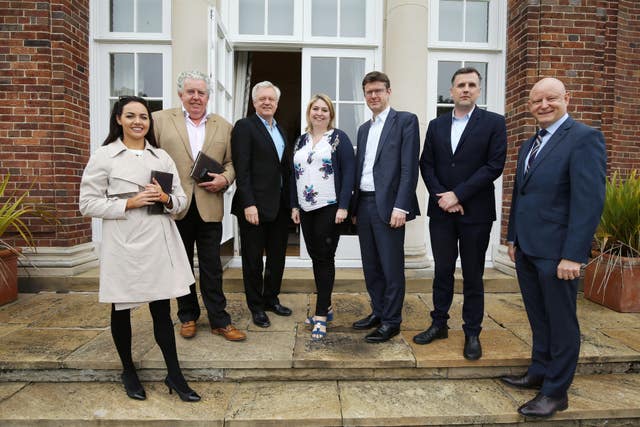 Northern Ireland Secretary Karen Bradley (centre), Brexit Secretary David Davis (third left) and Business Secretary Greg Clark (third right) taking part in a meeting at Stormont House (Kelvin Boyes/Press Eye/PA)