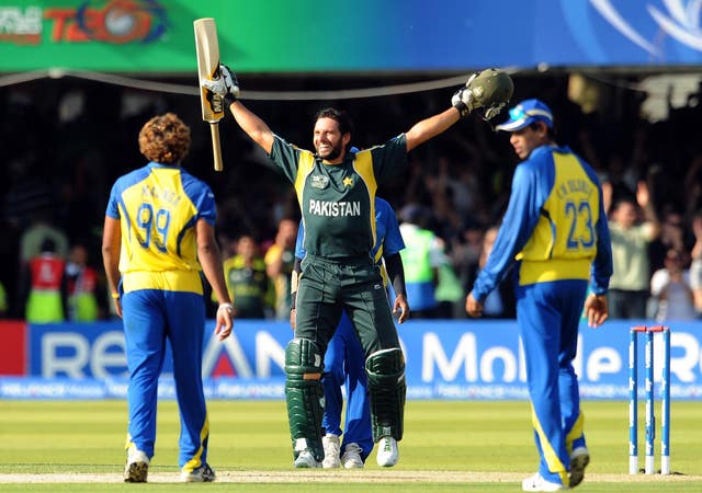 Pakistan’s Shahid Afridi celebrates hitting the winning runs