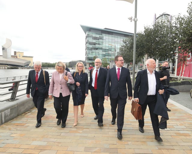 Jeremy Corbyn with shadow cabinet members during a walkabout at MediaCityUK in Salford 