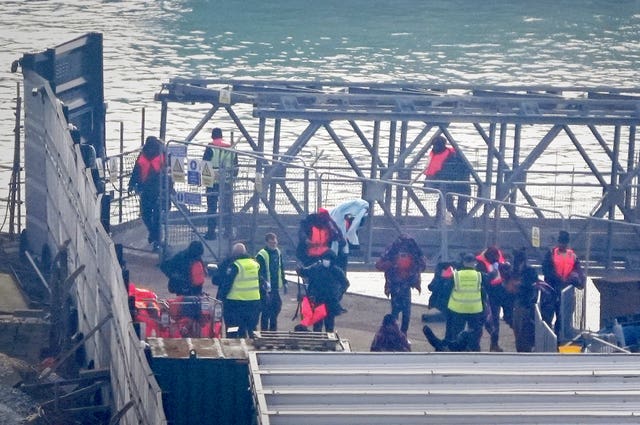 A group of people thought to be migrants were brought in to Dover, Kent, from a Border Force vessel following a small-boat incident in the Channel on Monday 