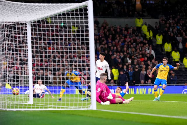 Jan Bednarek, second right, puts through his own goal against Tottenham