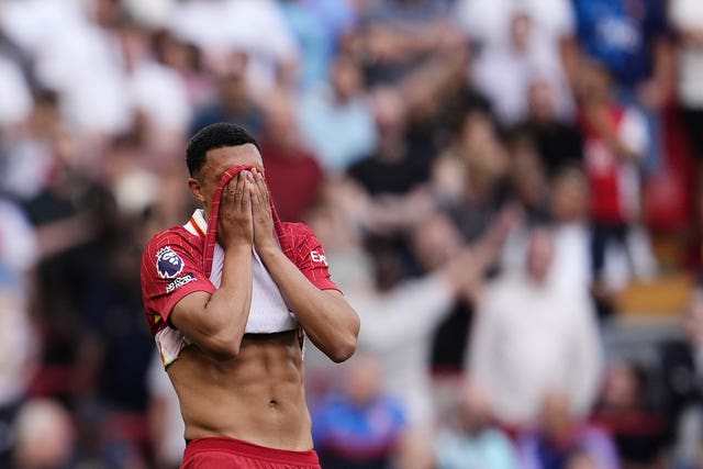 Liverpool’s Trent Alexander-Arnold stands dejected during the Premier League match at Anfield, Liverpool. Picture date: Sunday May 11, 2025.