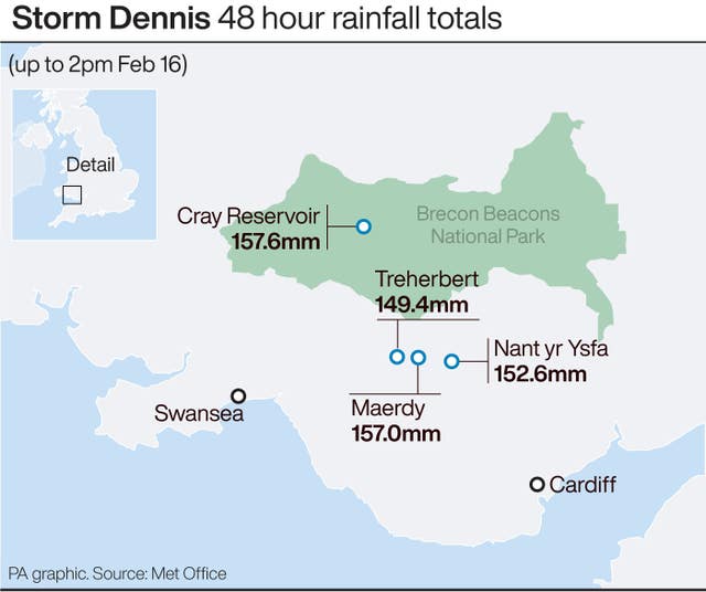 Storm Dennis 48 hour rainfall totals