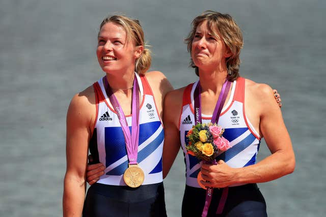 Katherine Grainger, right, and Anna Watkins pictured with their London 2012 double sculls gold medals at Eton Dorney