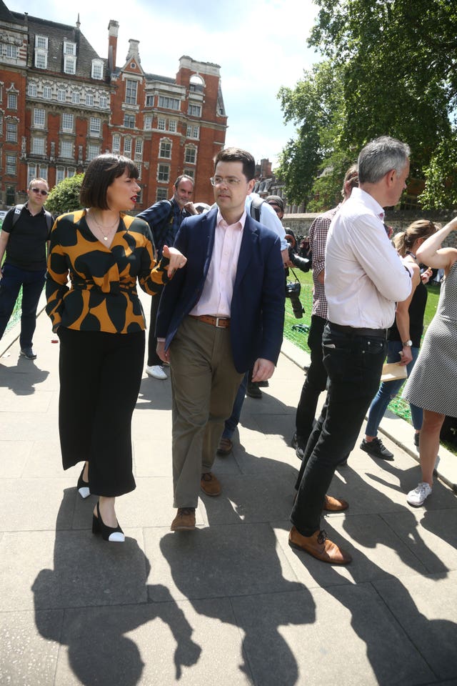Housing Secretary James Brokenshire speaks to Sky News' political reporter Beth Rigby, right, on College Green opposite the Houses of Parliament 