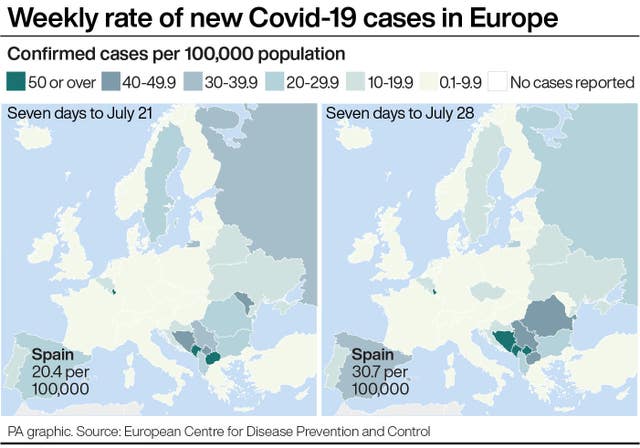 Weekly rate of new Covid-19 cases in Europe