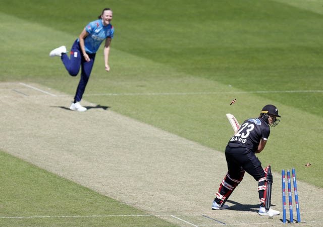Lauren Filer bowls out New Zealand opener Suzie Bates in the first ODI in Chester-le-Street 