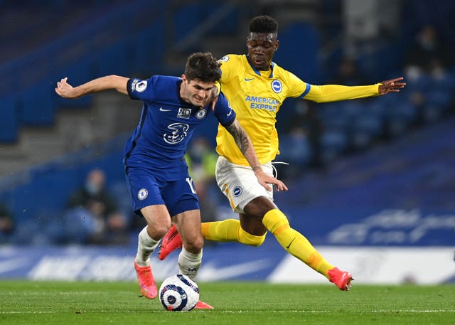 Yves Bissouma, right, made his 30th Premier League appearance of the season in the midweek draw with Chelsea
