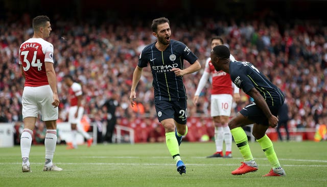 Bernardo Silva celebrates his goal with Raheem Sterling