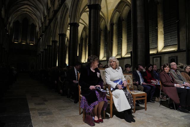 The Queen, centre right,  at Salisbury Cathedral in Wiltshire 