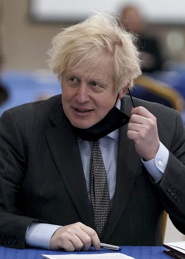 Prime Minister Boris Johnson during a visit to a coronavirus vaccination centre in Batley, West Yorkshire
