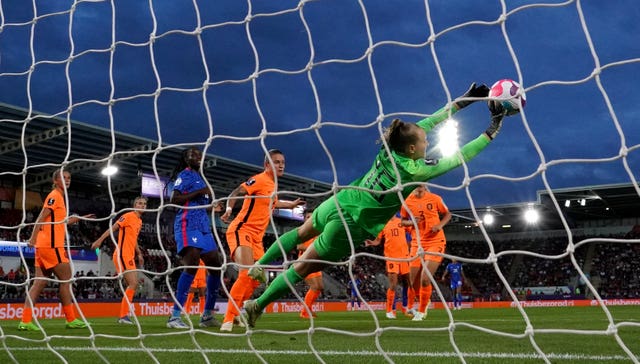 Netherlands goalkeeper Daphne van Domselaar in action (Tim Goode/PA).