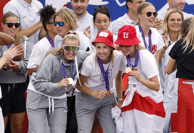 Georgia Stanway, Leah Williamson and Ella Toone (left-right) with their medals
